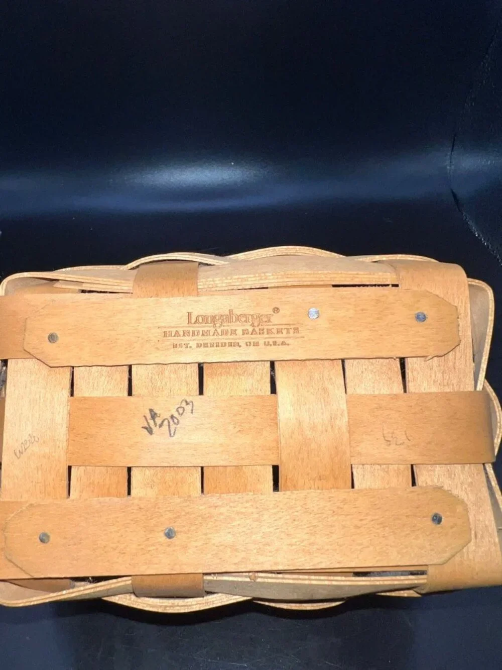 Longaberger Handmade Basket Leather Handles 2003 Rustic Woven Wood USA Vintage